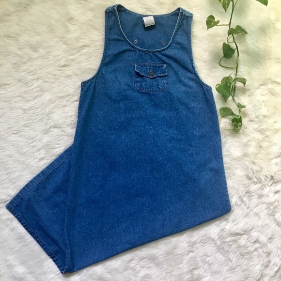 Vintage Dresses & Skirts - 1990s Vintage Denim Maxi Sac Pinafore Dress